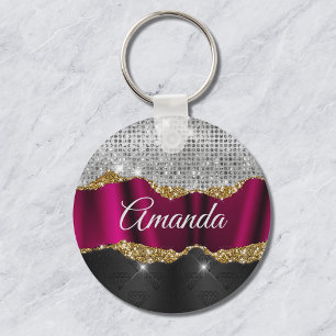 Porte-clés Chic faux paillettes argent monogramme Fuchsia noi