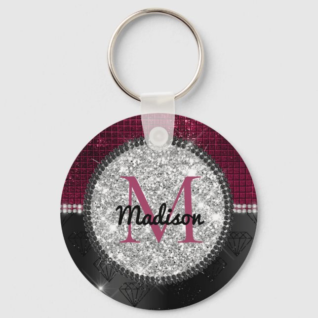 Porte-clés Chic faux Silver Glitter Burgundy Black monogram (Recto)
