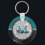 Porte-clés Chic faux Silver Glitter Turquoise Black monogram<br><div class="desc">A cool girly faux glitter bling in teal turquoise, black and silver with faux black rhinestones design. Elegant Glitter Monogram keychain. Personalize it with your name, monogram or other desired text. This makes the perfect sweet 16 birthday, wedding, bridal shower, anniversary, baby shower or bachelorette party gift for someone that...</div>
