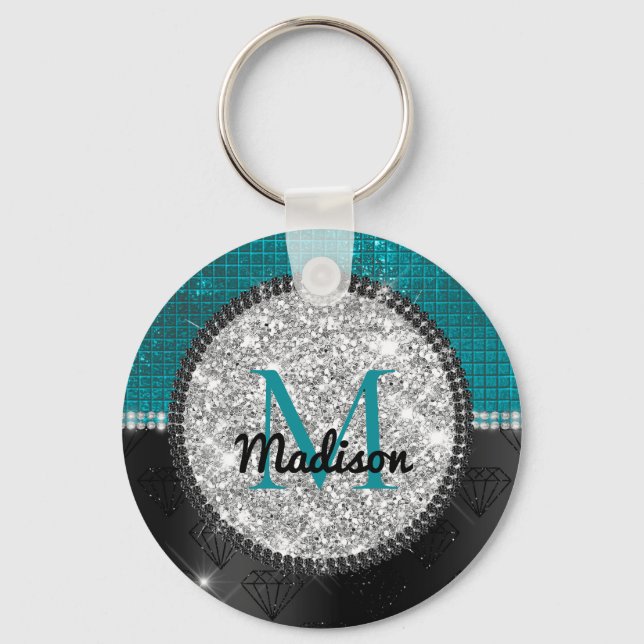 Porte-clés Chic faux Silver Glitter Turquoise Black monogram (Recto)