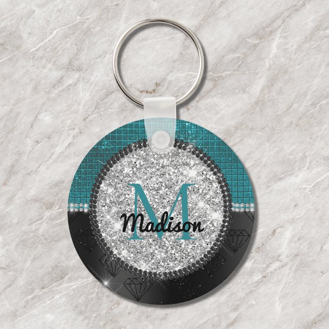 Porte-clés Chic faux Silver Glitter Turquoise Black monogram (Créateur téléchargé)