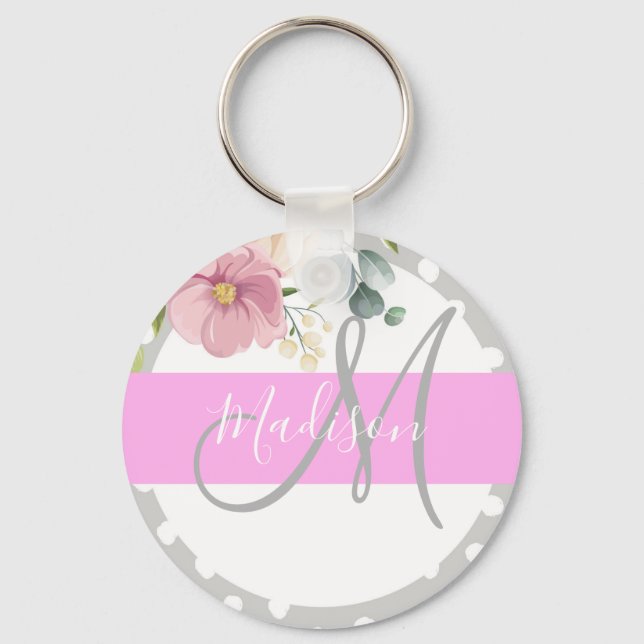 Porte-clés Chic & Féminin Fleurs Blanc Rose Gris Monogramme N (Recto)