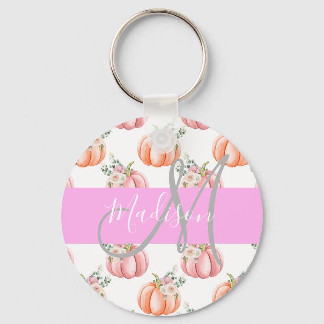 Porte-clés Chic Fleur Blanche Rose Pêche Citrouille Monogramm (Recto)