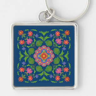Porte-clés Chic Floral Rangoli sur Deep Blue Carré Porte - cl