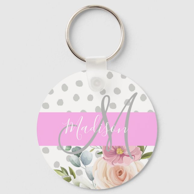 Porte-clés Chic & Girly Floral Blanc Rose Gris Monogram Nom (Recto)