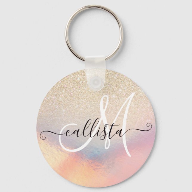 Porte-clés Chic Gold Glitter Iridescent Holographic Gradient (Recto)