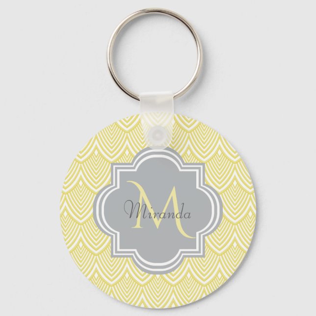 Porte-clés Chic Jaune Art Déco Scallops Grey Monogramme Nom (Recto)