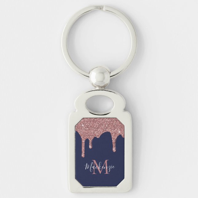 Porte-clés Chic Monogramme Pailleté Bleu Nuit et Or Rose (Devant)