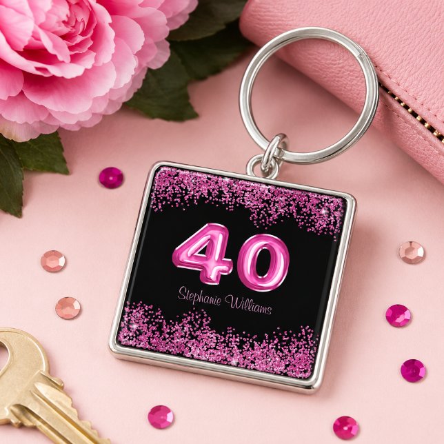 Porte-clés Chic Pailleté Rose Noir 40e Anniversaire  (Add name to customize.  Please see the collection for matching items.)