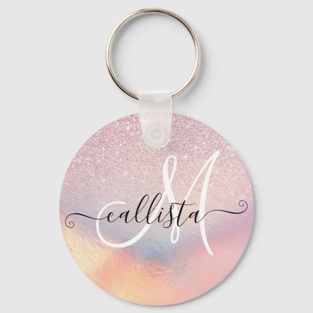 Porte-clés Chic Pink Glitter Iridescent Holographic Gradient (Recto)