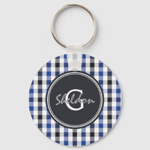 Porte-clés chic preppy bleu noir en vichy motif monogramme