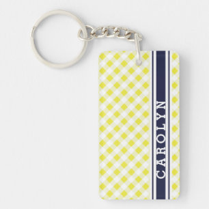 Porte-clés chic preppy jaune marine en vichy motif monogramme