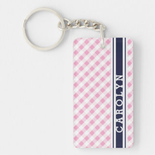 Porte-clés chic preppy rose marine en vichy motif monogramme