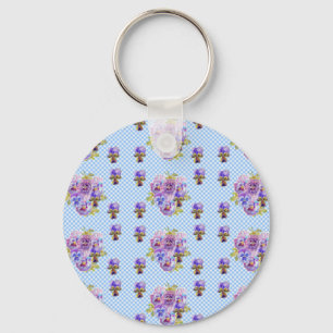 Porte-clés Chic Shabby Pansy Floral Blue En vichy Chèques