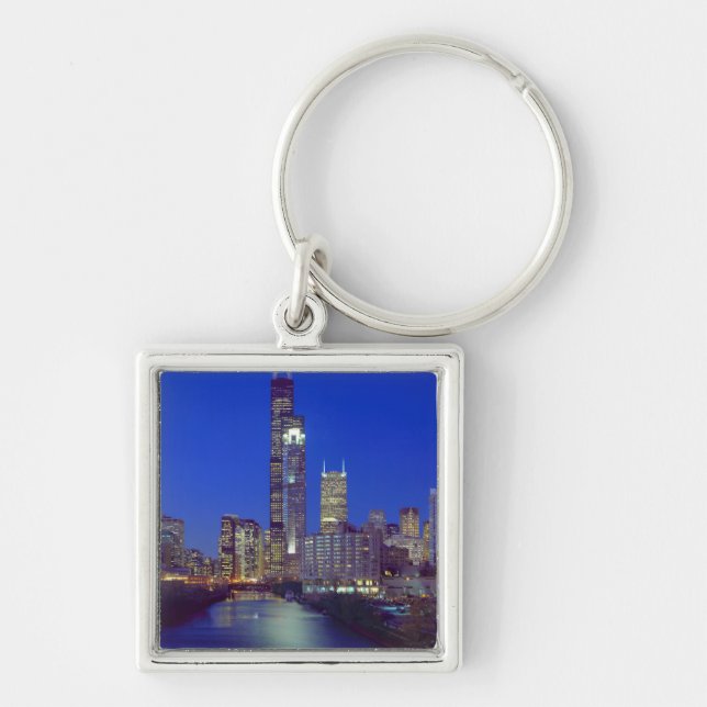 Porte-clés Chicago, Illinois, Skyline la nuit avec Chicago (Devant)