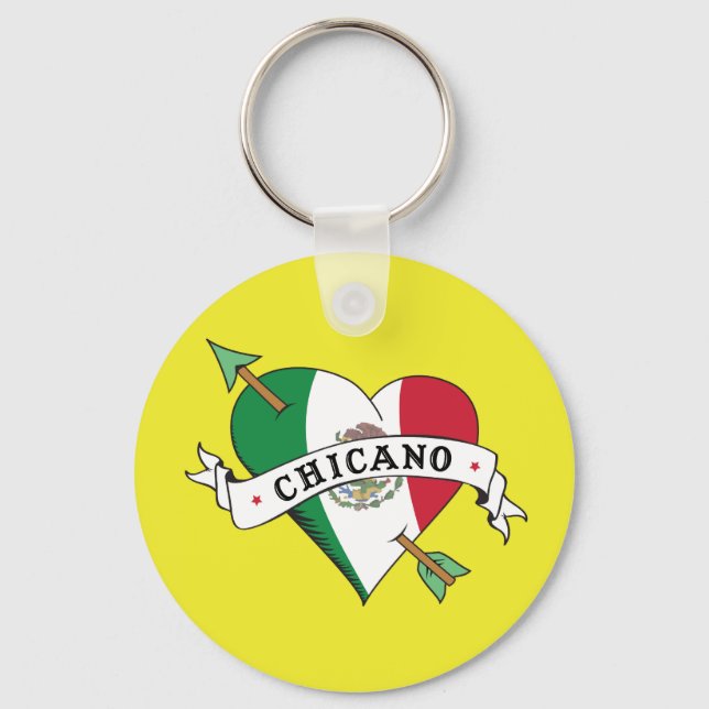 Porte-clés Chicano Coeur de tatouage avec drapeau mexicain (Recto)