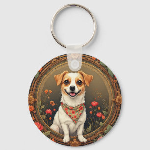 Porte-clés Chien adorable encadré de fleurs colorées
