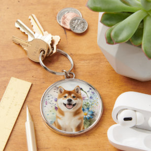 Porte-clés Chien Akita Shiba Inu avec des fleurs aquarelles b