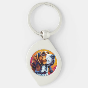Porte-clés Chien Basset Hound avec fond coloré