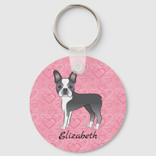 Porte-clés Chien Bleu Boston Terrier Sur Coeurs Rose Et Nom