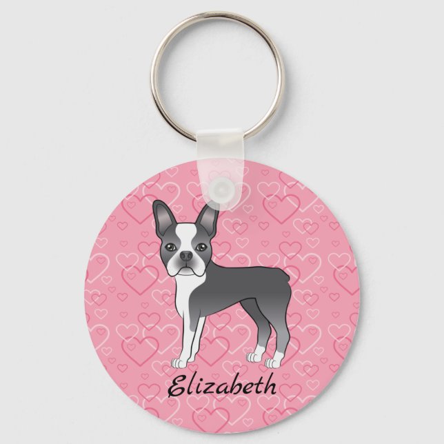 Porte-clés Chien Bleu Boston Terrier Sur Coeurs Rose Et Nom (Recto)