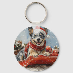 Porte-clés Chien Blue Heeler en traîneau Laissez neige Noël