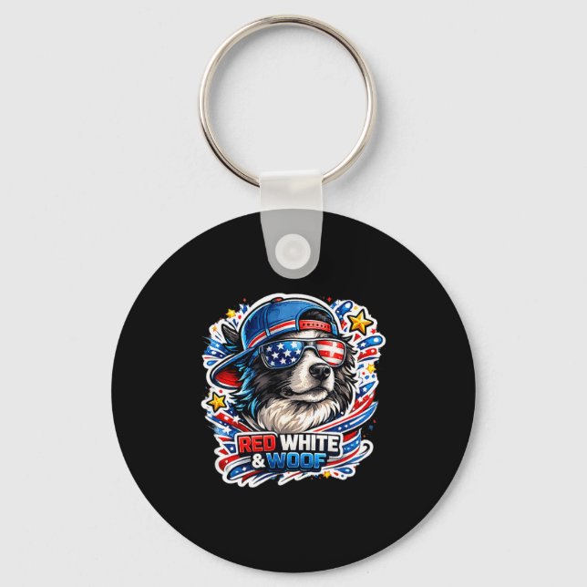 Porte-clés Chien border collie drôle rouge blanc et ouah (Recto)