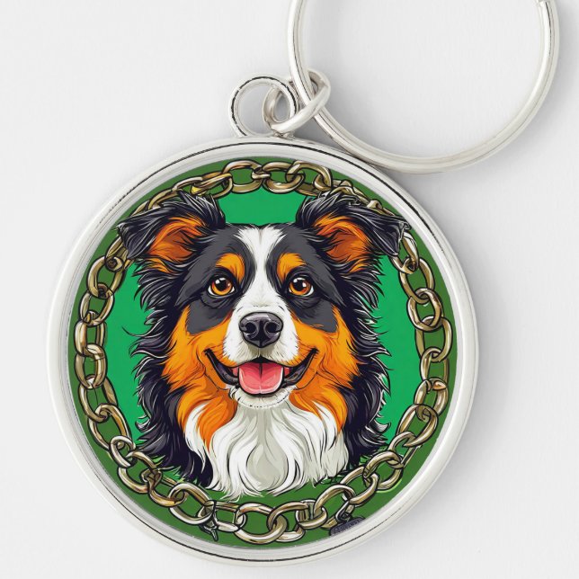 Porte-clés Chien border collie sur un fond vert avec chaîne (Devant)