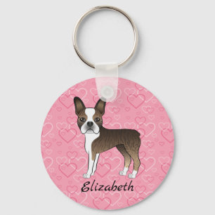 Porte-clés Chien Boston Terrier Bringé sur des cœurs roses et