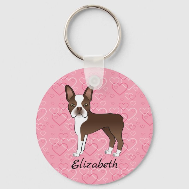 Porte-clés Chien Boston Terrier Brun Sur Cœurs Roses Et Nom (Recto)