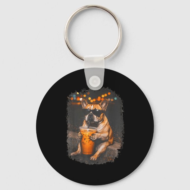 Porte-clés Chien bouledogue drôle buvant du café glacé mème a (Recto)