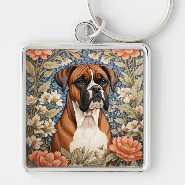 Porte-clés Chien Boxer Élégant Inspiré de William Morris  (Devant)