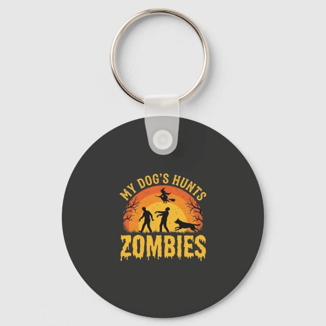 Porte-clés Chien Chasse Les Zombies Design Halloween (Recto)