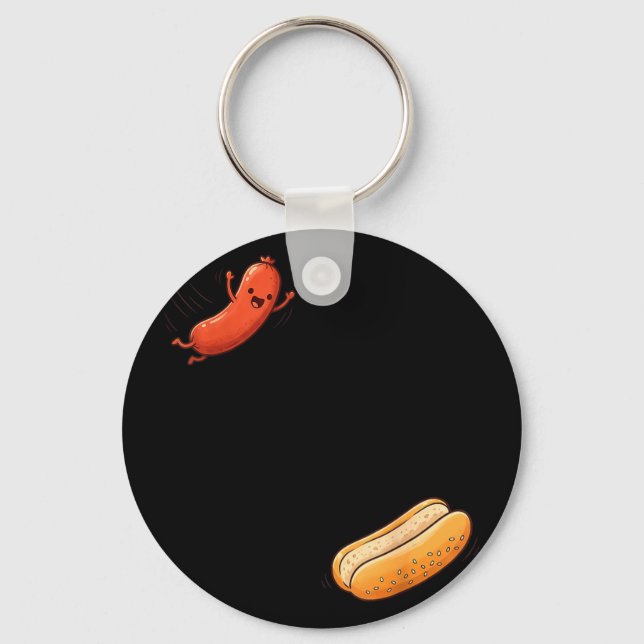 Porte-clés Chien chaud drôle sautant dans la saucisse de bun  (Recto)