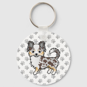 Porte-clés Chien Chihuahua à poil long Merle au Chocolat & Pa