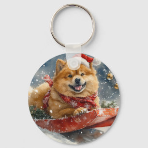 Porte-clés Chien Chow Chow en Luge Laissez Tomber la Neige No