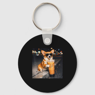 Porte-clés Chien Corgi Buvant un Café Glacé Mème Animal Drôle