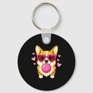 Porte-clés Chien Corgi soufflant du chewing-gum rose bulles c