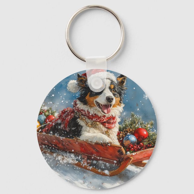 Porte-clés Chien de berger australien en Noël à Sledge (Recto)