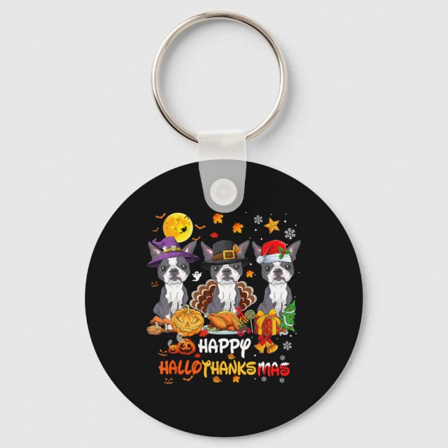 Porte-clés Chien de Boston Terrier Happy Halloween Thanksgivi (Recto)