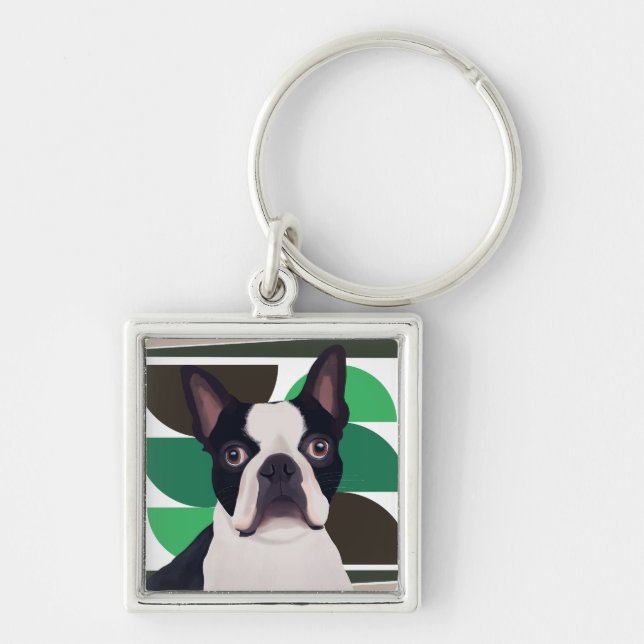 Porte-clés Chien de Boston Terrier - Vert foncé géométrique (Devant)