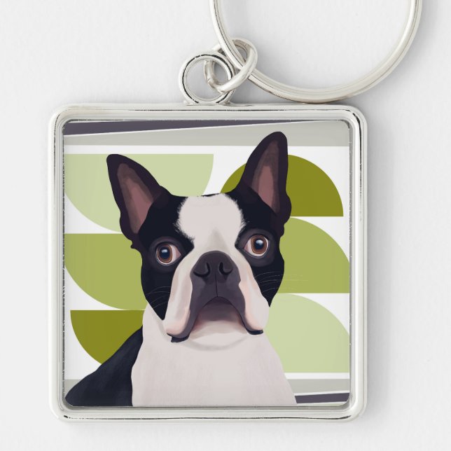 Porte-clés Chien de Boston Terrier - Vert géométrique (Devant)