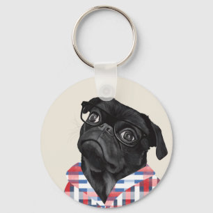 Porte-clés Chien De Carlin Noir Avec Lunettes Et Chemise