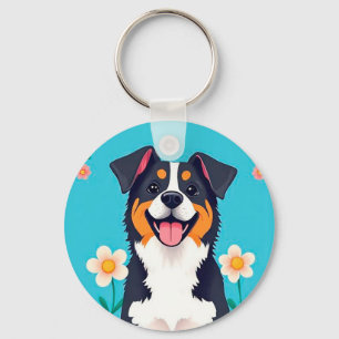 Porte-clés Chien de dessin animé entouré de fleurs
