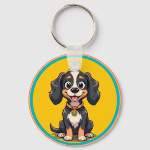 Porte-clés Chien de dessin animé heureux dans un cadre circul