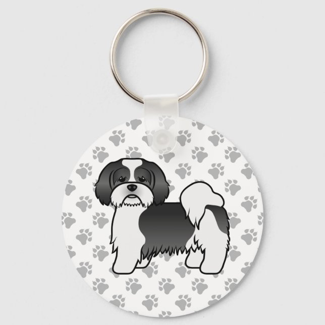 Porte-clés Chien de dessin animé mignon Lhasa Apso noir et bl (Recto)