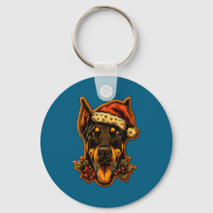 Porte-clés Chien Doberman de Noël avec chapeau de Père Noël a