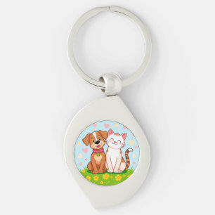Porte-clés Chien et chat de dessin animé mignons assis ensemb