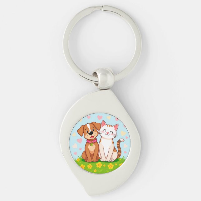 Porte-clés Chien et chat de dessin animé mignons assis ensemb (Devant)