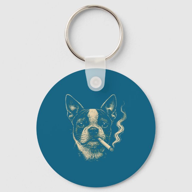 Porte-clés Chien fumant une cigarette drôle design Boston (Recto)